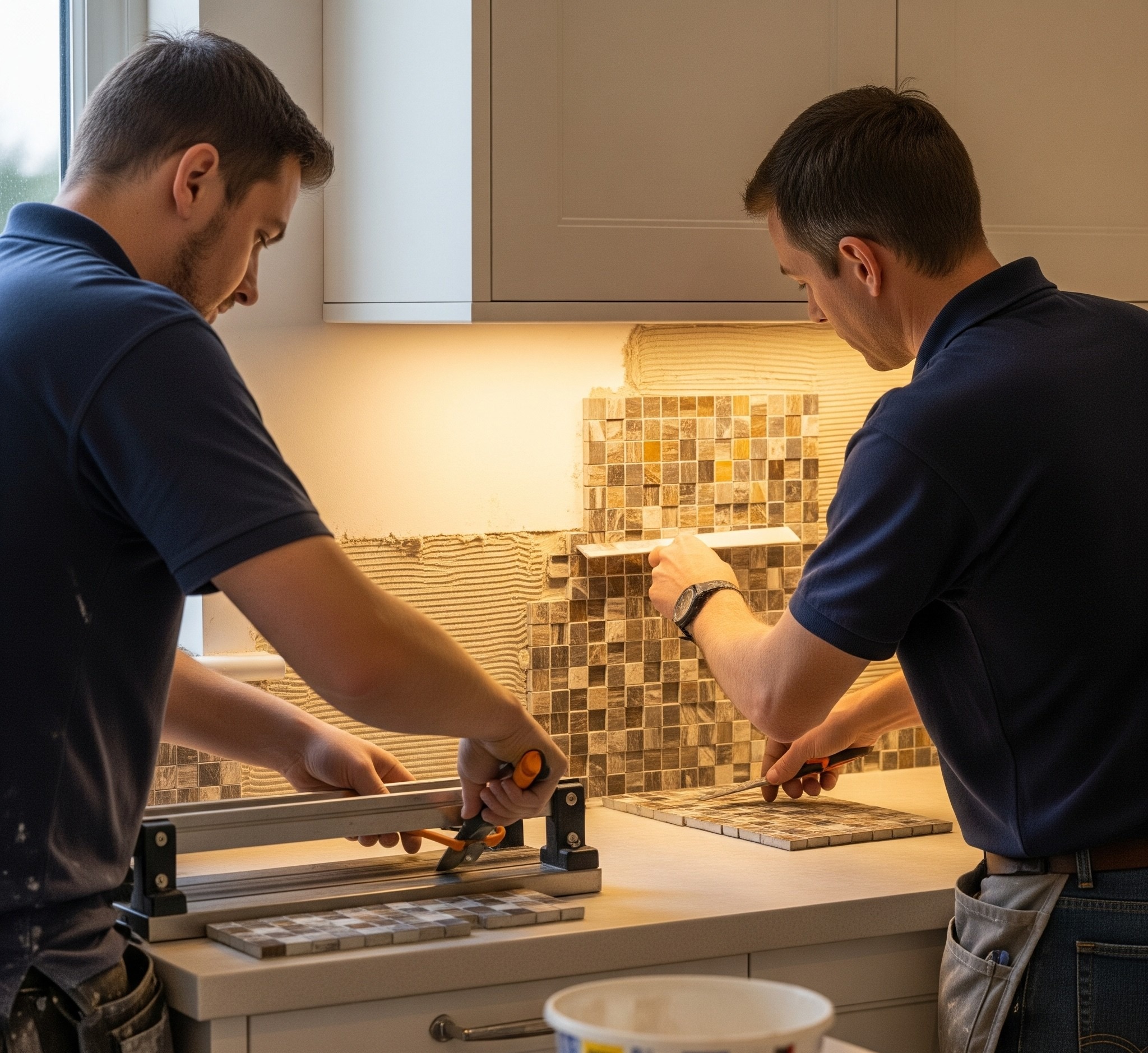 Two professional tilers installing a mosaic tile backsplash in a modern kitchen. One man uses a tile cutter while his colleague carefully applies the tile sheet to the wall.