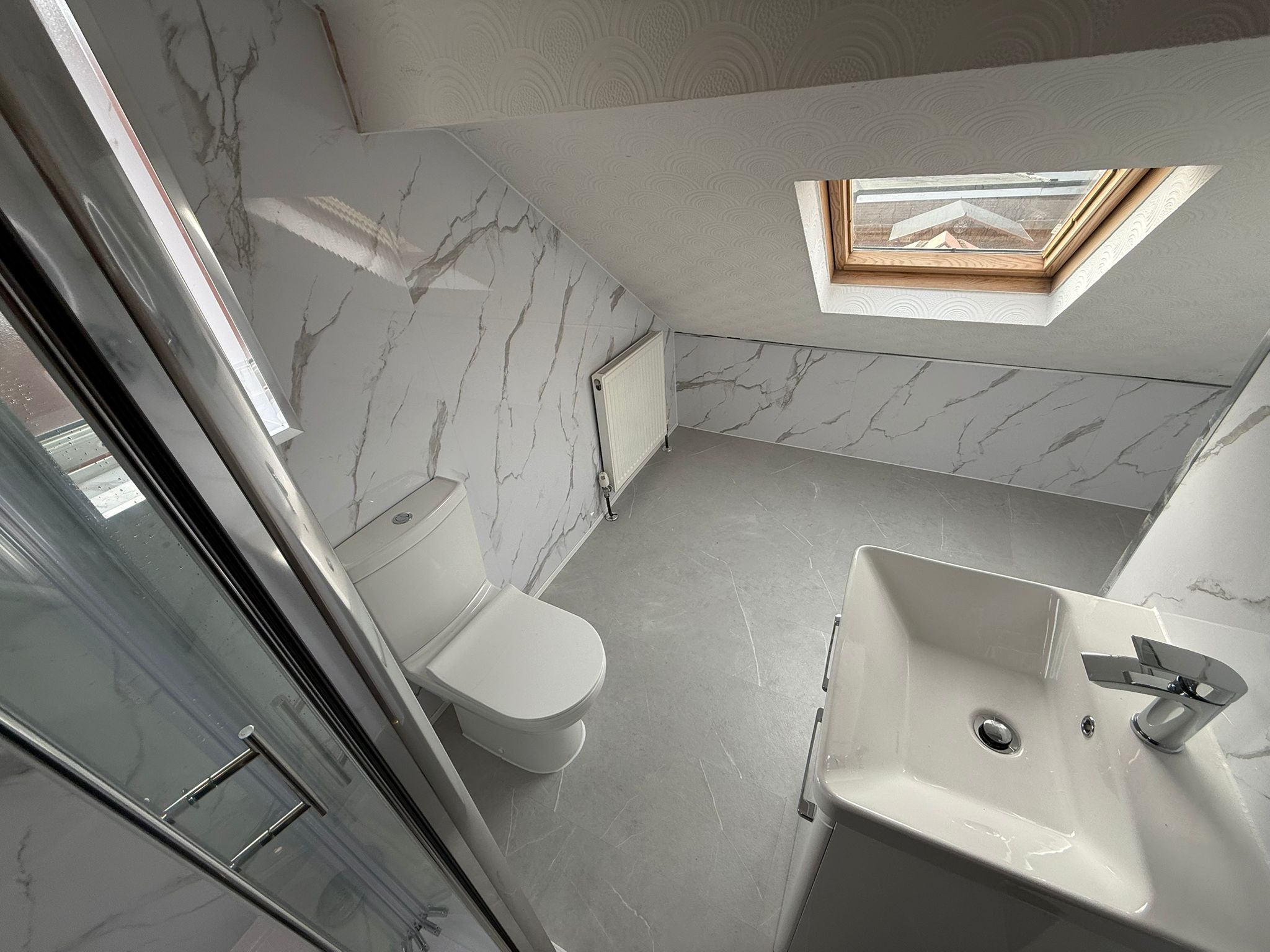 Completed luxurious white marble bathroom retreat in Norcross, Thornton, Borough-of-Wyre